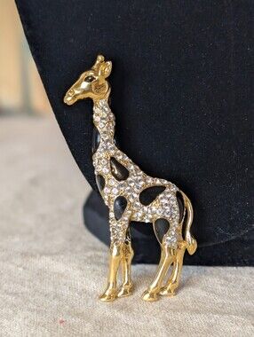 Vintage Giraffe Rhinestone Brooch Gold Tone Black Enamel Safari Glam